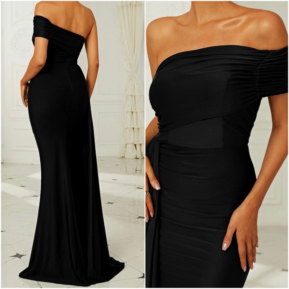 Luxe One Shoulder Bodycon Evening Black Tie Formal Dress - Picture 2 of 6